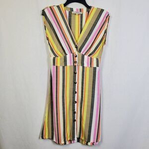 LOFT Petites Button Front Dress Multicolor Striped Sleeveless V-Neck 0P Viscose